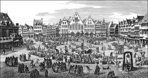 Historical cityscape, Roemerberg square, Frankfurt am Main, Hesse, Germany, 17th Century,