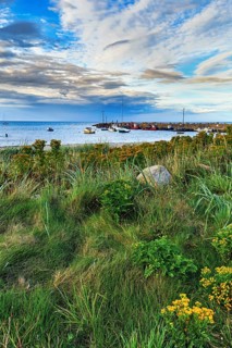 Coastline with view of Carne Pier, dusk, Carne Beach, Wexford, Gerrans Bay, Roseland Peninsula,