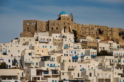 Fortified town on a hill with characteristic white facades, Querini Castle, Chora, Astypalea,