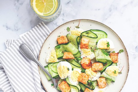 Delicious salmon and egg salad served on a plate with fresh cucumber and herbs for a healthy meal