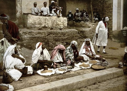 Couscous vendor and an Arab cafe, Tunis, Tunisia, c. 1895, Historical, digitally restored