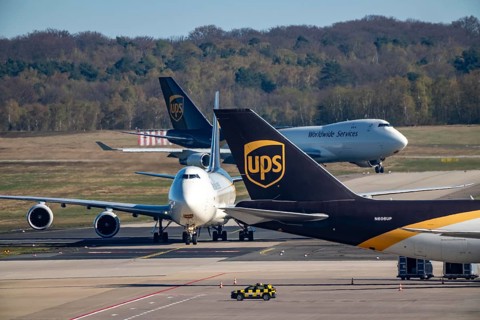 Cologne-Bonn Airport, CGN, UPS Boeing 747 freighters roll after landing to the UPS Logisic Hub,