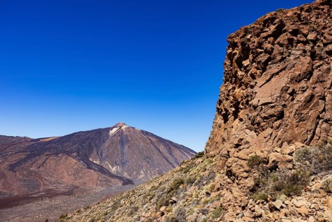 Mountain hiking on Montana Guajara, view of Mount Teide, Teide National Park, Tenerife, Canary