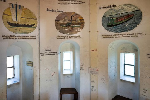 Interior view, illustration of historic shipping, New Lighthouse, Harbour, Lindau, Bavaria, Lake