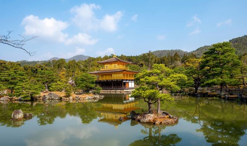 Golden Pavilion reflected in pond, Japanese garden, Golden Pavilion Temple, Kinkaku-ji reliquary,
