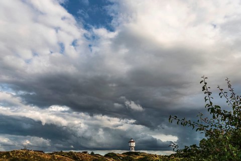Water tower, clouds, weather, gloomy, cloudy, cloudy sky, storm, stormy, dune landscape, North Sea
