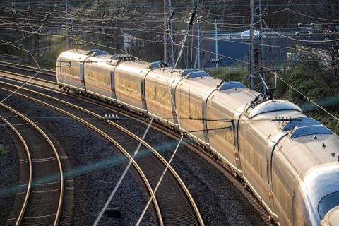 ICE train on the tracks, railway layout, railway line west of the main station of Essen, North