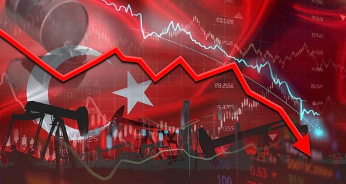 Fall oil price with Turkish flag on economic chart. Petrol crisis with Turkey flag on financial