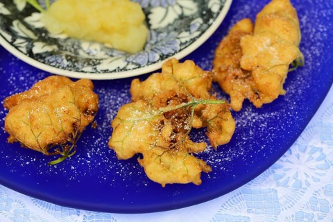 Swabian cuisine, elderberry cakes with apple sauce, Hollerkiacherl, elderflowers in pastry,