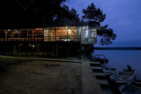 Restaurant at Doli Lodge on the Sangha River, blue hour, Bayanga, Sangha-Mbaéré Prefecture, Central