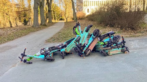 Electric scooters, overturned and stacked on top of each other, vandalism, Westend-Nord, Frankfurt