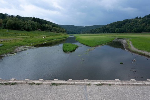 View of Old Bridge Asel, Edersee without water, Hesse, Germany