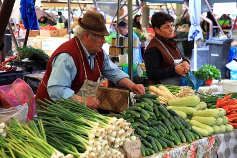 Weekly market in the old town of Sibiu, Sibiu, in Transylvania, Romania