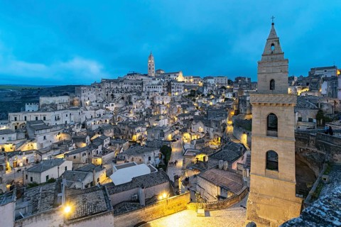 Panoramic View of Sassi di Matera at night, Sasso Barisano, Basilicata, Italy