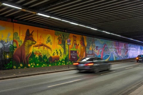 Huge street art pictures in a road tunnel in Gelsenkirchen, the approximately 120 meter long