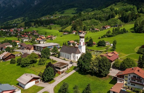 Drone image, view of the village with parish church, Braz, Klostertal, Vorarlberg, Austria