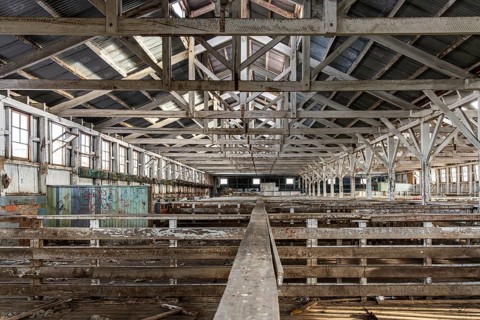 Sheepfolds inside the shearing shed, Estancia San Gregorio, Puente Alto, Metropolitan Region, Chile