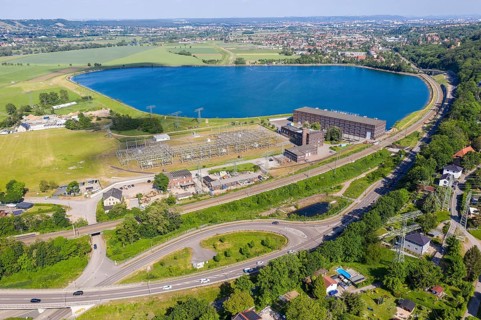 Aerial view of the Niederwartha reservoir with pumped storage plant, in the background the Elbe