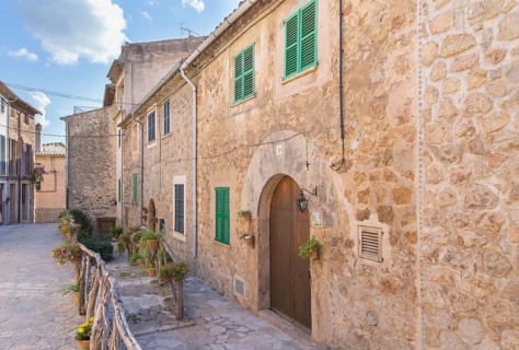 Historic district cobblestone street, Valldemossa, Mallorca, Balearic Islands, Spain