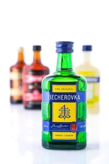 2019, November 5-th, Minsk, Belarus, Karlsbader Becher-Bitter, Variety of souvenir Becherovka set