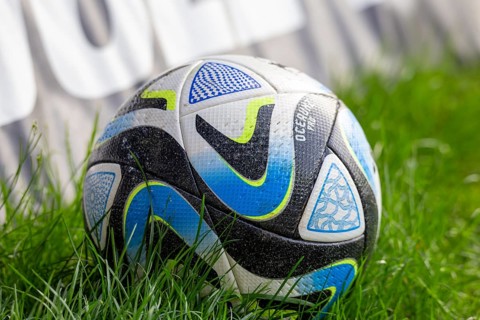 Mannheim, 06 April 2024: Close-up of the original Adidas Oveanuz 3. Liga match ball 2023/2024