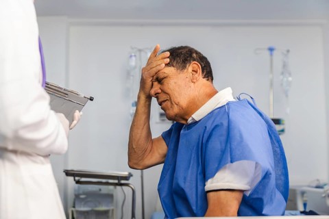 An elderly patient in a blue gown sits in a hospital room, holding his head in pain while