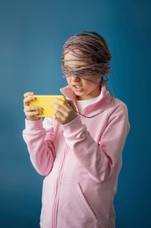 A child engrossed in a device, symbolizing the impact of the internet. Colorful cables wrap around