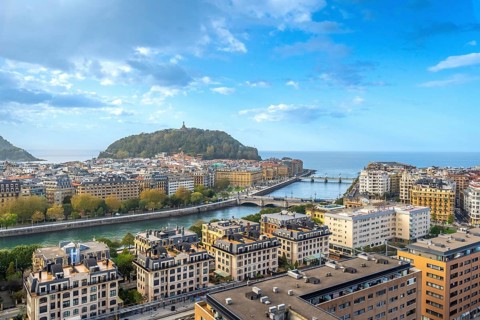 Aerial view of the Urumea river and the bridges of San Sebastian, Donostia, Basque Country