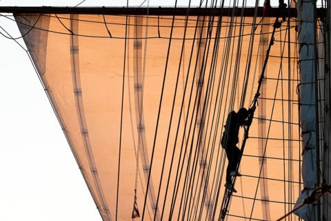 Silhouette of a woman climbing up into the rigging, mainsail backlit, Kongsfjorden, Svalbard