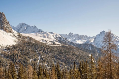 Beautiful landscape of the Mountain silhouettes of the Sexten Dolomites on a sunny winter day,