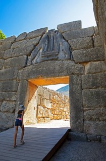 Lion Gate and fortress walls of Mycenae, Greek archaeological site, Argolis, Peloponnese, Greece