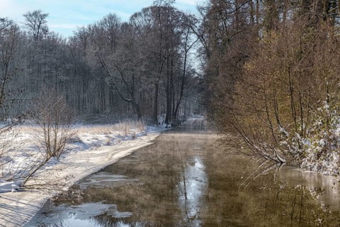 A quiet river in a snowy winter forest with trees and sky reflection, River Dinkel, Legden,