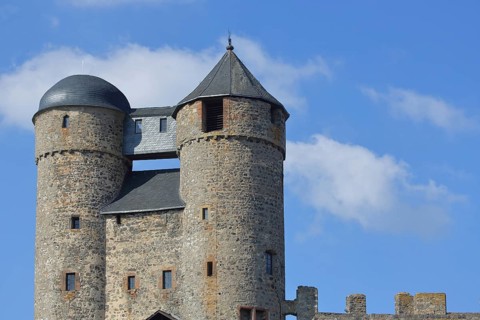 Double towers of medieval Greifenstein Castle, Westerwald, Hesse, Germany