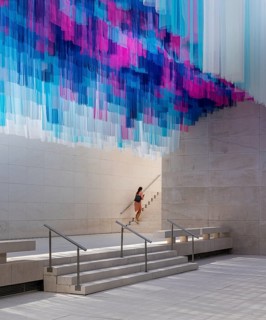 Colourful silk curtains at the CaixaForum, cultural centre in the former Fabrica Casaramona,