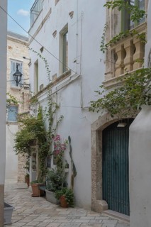 Narrow alley with Mediterranean buildings and lush plants, Polignano a Mare, Apulia, Italy