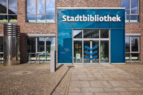 City library, modern architecture, entrance, door, window, brick architecture, town hall square,