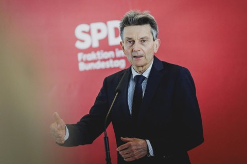 Rolf Mützenich, SPD parliamentary group leader, recorded during a press statement in front of the
