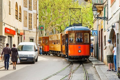 Nostalgic tram in Sòller, Majorca, Spain