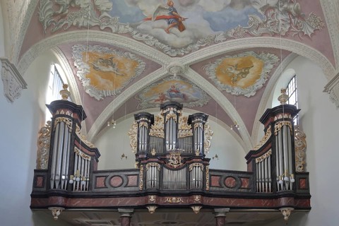 Organ and frescoes, baroque ceiling painting, built in 1627, interior view, handicrafts, Kreuzberg,