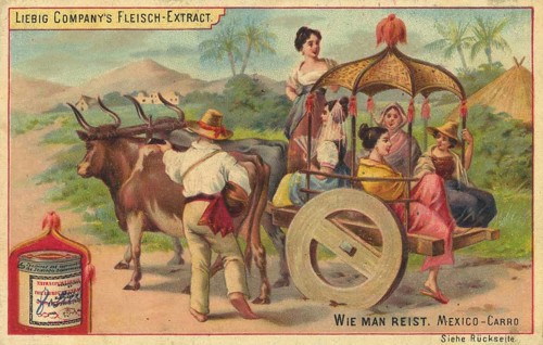 Picture series How to travel, Mexico, a Mexican tour group in a traditional oxcart, picture of