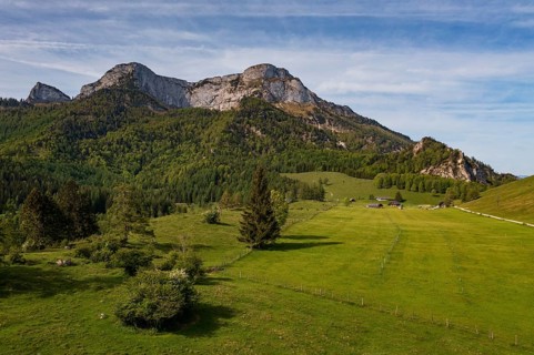 Drone image, Eisenaualm with Schafberg, Osterhorn group, Salzkammergut, Salzburg province, Austria