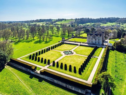 Montacute House and Garden from a drone, Montacute, Somerset, England, United Kingdom