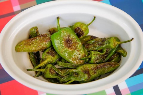 Mediterranean cuisine, green roast peppers, grilled vegetables, starter, healthy, vegetarian,