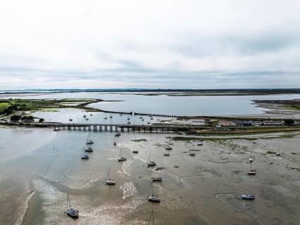 Bridge and Quay on Hayling Island from a dron, Havant, Hampshire, England, United Kingdom