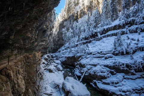 Winter, snowy landscape, river Breitach and hiking trail through the Breitachklamm gorge near