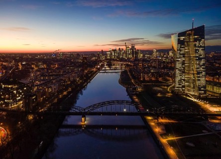 The lights in the offices of the European Central Bank (ECB) and in the skyscrapers of Frankfurt's