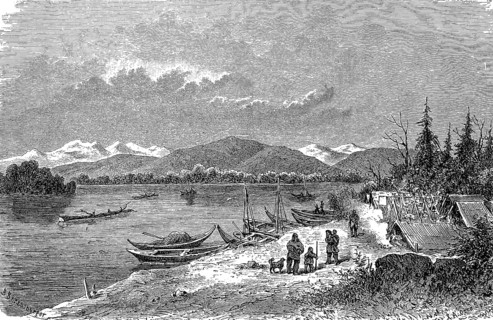 Indian village Rewicargut on the Yukon in Alaska, in 1880, Historical, digital reproduction of an