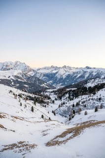 Beautiful landscape of the Mountain silhouettes of the Sexten Dolomites on a sunny winter day,