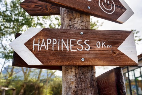 Funny wooden sign with the words Glück 0 km, signpost, symbolic picture destination, direction,