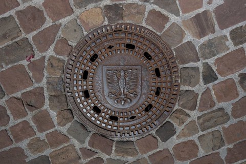 Manhole cover with the coat of arms of Villingen, Villingen-Schwenningen, Baden-Württemberg,